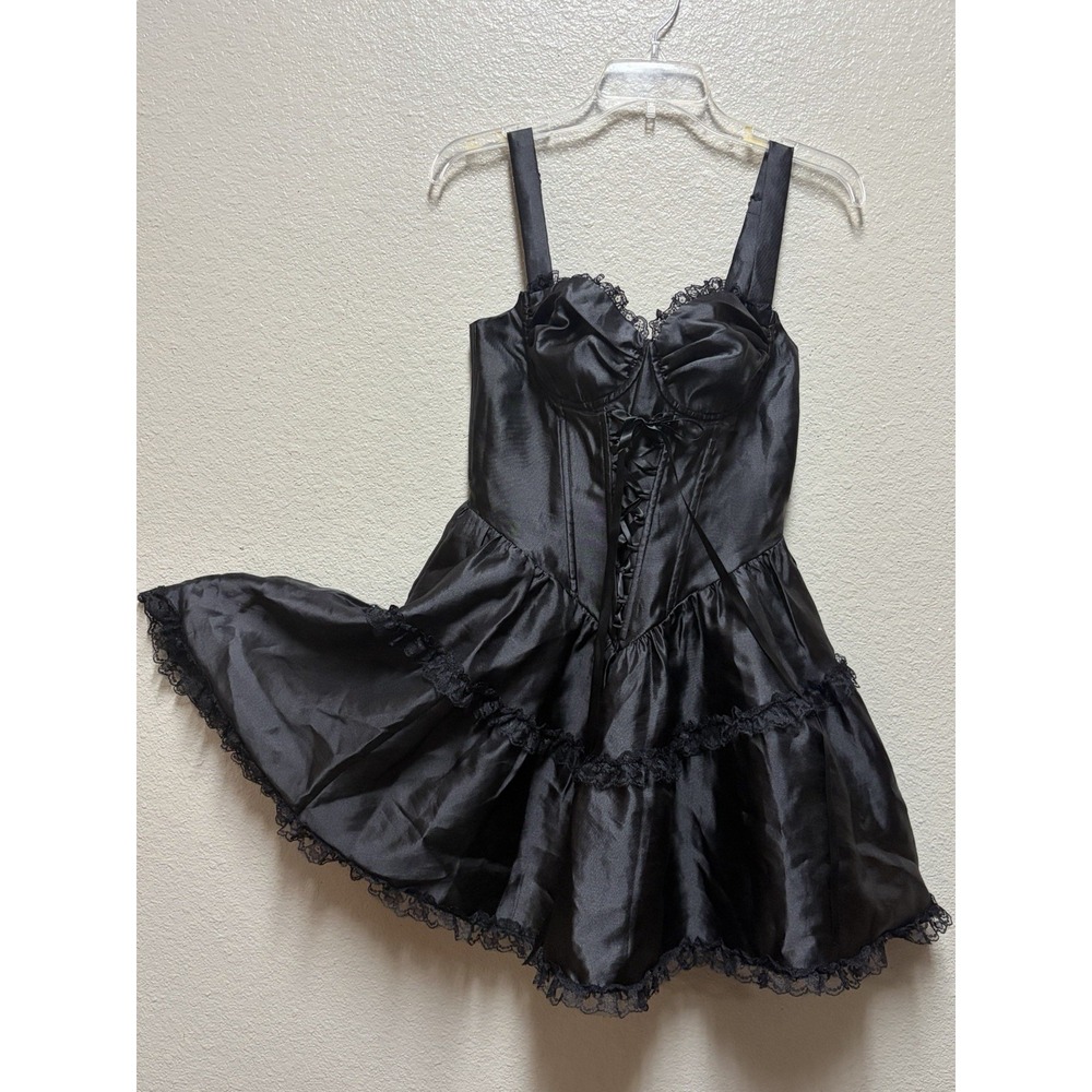 Widow Black Satin Fit & Flare Mini Dress Sweetheart Lace-Up Lace Trim M